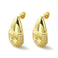Brass with Cubic Zirconia Studs Earrings, Teardrop with Heart, Real 16K Gold Plated, 26x13.5mm(EJEW-K267-07G)