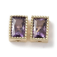 Brass with Cubic Zirconia Beads, Real 18K Gold Plated, Rectangle, Dark Violet, 7x5x3.5mm, Hole: 0.6mm & 1mm(KK-G491-35G-01)