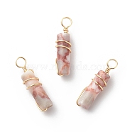 Natural Red Netstone Pendants, with Golden Tone Copper Wire Wrapped, Column Charm, 18.5~20x5~5.5mm, Hole: 2.5mm(PALLOY-JF01817-05)
