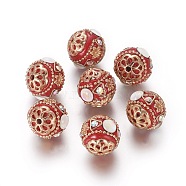 Handmade Indonesia Beads, with Rhinestone and Brass Findings, Round, Light Gold, Red, 16.5~18.3x16x16.5mm, Hole: 1.8mm(IPDL-F027-05A)