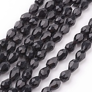 Glass Beads Strands, Faceted, teardrop, Black, 6x4mm, Hole: 1mm, about 65~68pcs/strand, 14.96~15.35 inch(X-GLAA-R024-6x4mm-13)