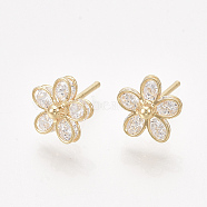 Brass Earring Studs, with Cubic Zirconia, Flower, Real 18K Gold Plated, 9x9mm, Pin: 0.8mm(X-KK-S348-421)