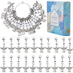 20Pcs Number Acrylic Beaded Pendant Locking Stitch Markers with Alloy Angel, 304 Stainless Steel Crochet Lobster Clasp Charms, Antique Silver, 42~48mm(HJEW-SC00043)