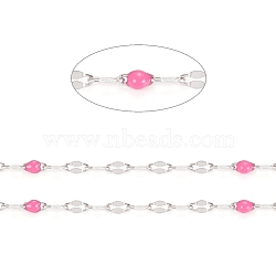 Handmade 304 Stainless Steel Dapped Chains, Cable Chains, with Enamel and Spool, Soldered, Flat Oval, Long-Lasting Plated, Hot Pink, 3x1.5x0.1~1mm, about 32.8 Feet(10m)/roll(CHS-D026-16N-P)