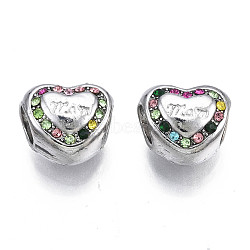 Rack Plating Alloy European Beads, Large Hole Beads, with Rhinestone, Cadmium Free & Nickel Free & Lead Free, Heart, Colorful, 10.5x11.5x8.5mm, Hole: 5mm(MPDL-N039-095)