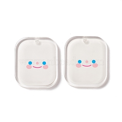 Transparent Acrylic Pendants, Rectangle with Smiling Face Pattern, White, 36x30x3.5mm, Hole: 2.7mm(TACR-G038-01)