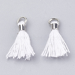 Polycotton(Polyester Cotton) Tassel Pendant Decorations, Mini Tassel, with Brass Findings, Platinum, White, 10~15x3~4mm, Hole: 2mm(FIND-S275-32P)