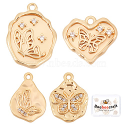 8Pcs 4 Style Butterfly Brass Micro Pave Clear Cubic Zirconia Pendants, Nickel Free, Real 18K Gold Plated, 12.5~19x10~14x2~2.5mm, Hole: 1~1.4mm, 2pcs/style(KK-BBC0004-01)