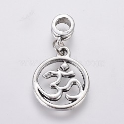 Tibetan Style Alloy Large Hole European Dangle Charms, Flat Round with Mark Om Symbol, Antique Silver, 32mm, Hole: 5mm(PALLOY-JF00034-01)