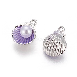 Alloy Enamel Pendants, with Acrylic Pearl Beads, Shell, Platinum, Blue Violet, 15x11.5x7mm, Hole: 1.4mm(X-PALLOY-F224-03P-05)