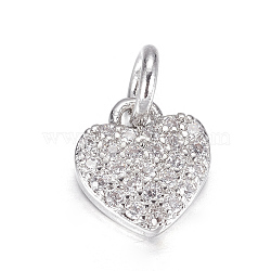Brass Micro Pave Cubic Zirconia Charms, Heart, Clear, Platinum, 9x8x2mm, Hole: 3mm(X-ZIRC-P060-41P)