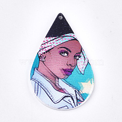 Printed Wooden Big Pendants, Dyed, Teardrop with Women, Colorful, 59x36x2.5mm, Hole: 1.5mm(X-WOOD-S051-04F)