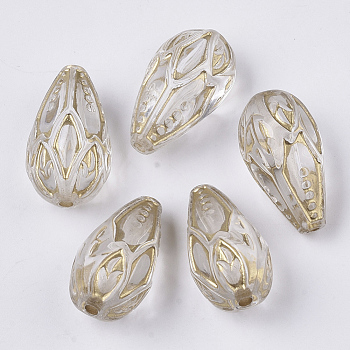 Transparent Plating Acrylic Beads, Golden Metal Enlaced, Teardrop, Clear, 20.5x12x10.5mm, Hole: 1.8mm