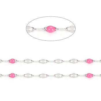Handmade 304 Stainless Steel Dapped Chains, Cable Chains, with Enamel and Spool, Soldered, Flat Oval, Long-Lasting Plated, Hot Pink, 3x1.5x0.1~1mm, about 32.8 Feet(10m)/roll