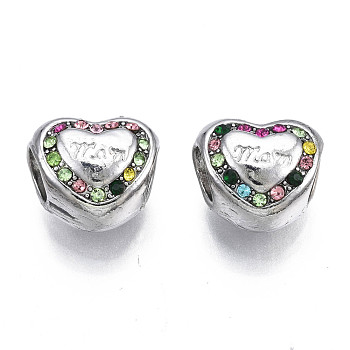 Rack Plating Alloy European Beads, Large Hole Beads, with Rhinestone, Cadmium Free & Nickel Free & Lead Free, Heart, Colorful, 10.5x11.5x8.5mm, Hole: 5mm