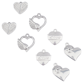 Unicraftale 8Pcs 4 Style 304 Stainless Steel Pendants, Heart, Stainless Steel Color, 16~25x18~21.5x3.5~5mm, Hole: 1.5~2.5mm, 2pcs/style