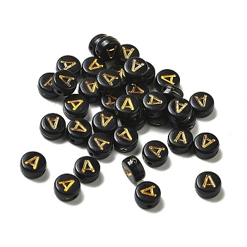 Plating Opaque Acrylic Beads, Golden Metal Enlaced, Flat Round with Letter, Letter A, 7x3.5mm, Hole: 1.2mm, about 3846pcs/500g