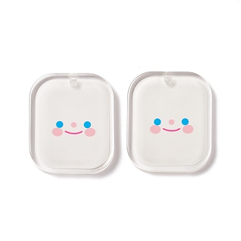 Transparent Acrylic Pendants, Rectangle with Smiling Face Pattern, White, 36x30x3.5mm, Hole: 2.7mm