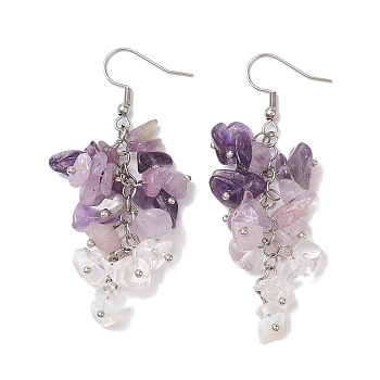Natural Amethyst Earrings, with 316 Surgical Stainless Steel Earring Hooks, Opalite Chip, Jewely for Women, 65.5~66.5mm