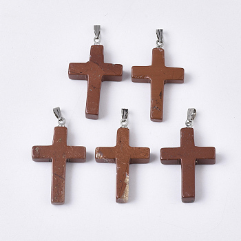 Natural Red Jasper Pendants, with Stainless Steel Peg Bails, Cross, Stainless Steel Color, 29~30x18.5x4.5mm, Hole: 5.5x2mm