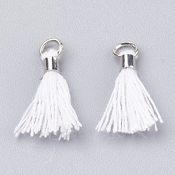 Polycotton(Polyester Cotton) Tassel Pendant Decorations, Mini Tassel, with Brass Findings, Platinum, White, 10~15x3~4mm, Hole: 2mm