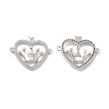 Brass Micro Pave Clear Cubic Zirconia Connector Charms, Heart Links with Crown, Platinum, 18.5x22.5x3mm, Hole: 1.2mm