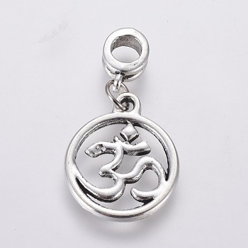 Tibetan Style Alloy Large Hole European Dangle Charms, Flat Round with Mark Om Symbol, Antique Silver, 32mm, Hole: 5mm