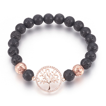 Stretch Bracelets, with Long-Lasting Plated Electroplated Natural Lava Rock, Natural Lava Rock and Brass Cubic Zirconia Beads, Flat Round with Tree, Rose Gold, 2-1/4 inch(5.8cm)