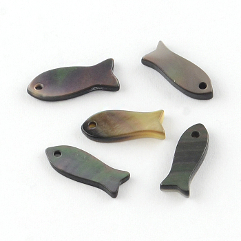 Fish Black Lip Shell Charms, Black, 12~16x5~6x1~2mm, Hole: 1mm