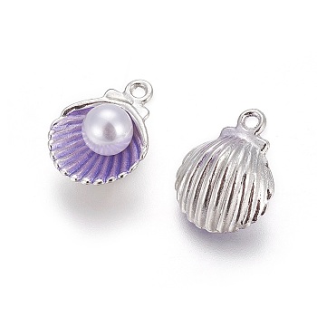 Alloy Enamel Pendants, with Acrylic Pearl Beads, Shell, Platinum, Blue Violet, 15x11.5x7mm, Hole: 1.4mm
