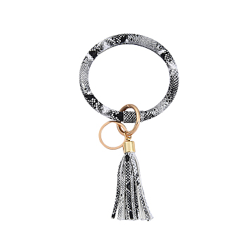 Snakeskin Pattern PU Imitaition Leather Bangle Keychains, Wristlet Keychain with Tassel & Alloy Ring, White, 200x100mm