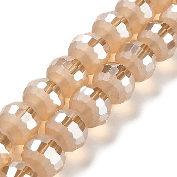 Electroplate Glass Beads Strands, Pearl Luster Plated, Frosted and Faceted(96 Facets), Round, Navajo White, 9.5~10x9~9.5mm, Hole: 1.8mm, about 69~70pcs/strand, 24.57''(62.4~63.1cm)