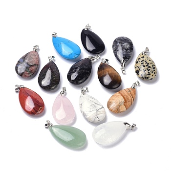 Natural Gemstone Pendants, with Brass Finding, Teardrop, 35x20x7.5~9mm, Hole: 4x3.5mm