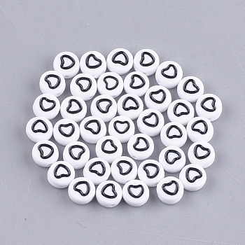 Opaque Acrylic Beads, Flat Round with Heart, White, 7x3.5mm, Hole: 1.2mm, about 3700pcs/500g