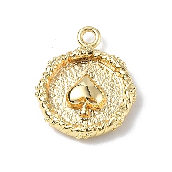 Brass Pendants, Textured, Real 18K Gold Plated, Flat Round with Playing Cards Charm, Spade, 15.5x12.5x2.5mm, Hole: 1.4mm