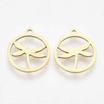 201 Stainless Steel Pendants, Laser Cut Pendants, Flat Round with Dragonfly, Golden, 16.5x14.5x1mm, Hole: 1.4mm