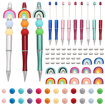 DIY Rainbow Beadable Pen Making Kit, Including Silicone & Rhinestone Spacer Beads, Ball-Point Pens, Mixed Color, 70Pcs/bag