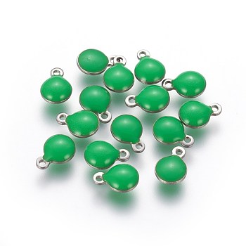 304 Stainless Steel Enamel Charms, Enamelled Sequins, Flat Round, Stainless Steel Color, Green, 13.5x10x3.5~4mm, Hole: 1.4mm