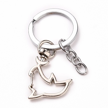 Iron Dolphin Keychain, with Alloy Split Key Rings and Cable Chains, Platinum, 6.35cm