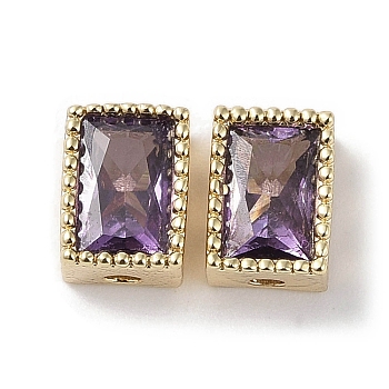 Brass with Cubic Zirconia Beads, Real 18K Gold Plated, Rectangle, Dark Violet, 7x5x3.5mm, Hole: 0.6mm & 1mm