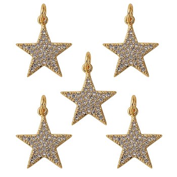 5Pcs Brass Micro Pave Clear Cubic Zirconia Charms, with Jump Ring, Long-Lasting plated, Star, Real 18K Gold Plated, 16x14x1.5mm, Hole: 5x1mm