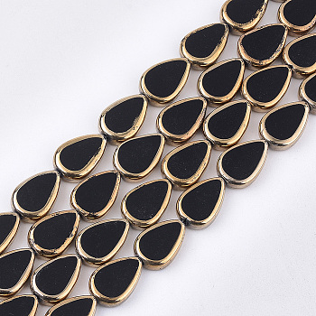 Electroplate Glass Beads Strands, Edge Plated, Teardrop, Black, 16.5x11.5x5mm, Hole: 1mm, about 20pcs/strand, 12.9 inch