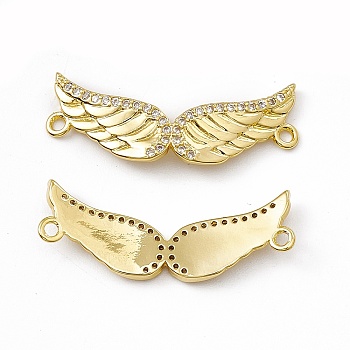 Brass Micro Pave Clear Cubic Zirconia Connector Charms, Wing Links, Real 18K Gold Plated, 10x27.5x1.5mm, Hole: 1.4mm