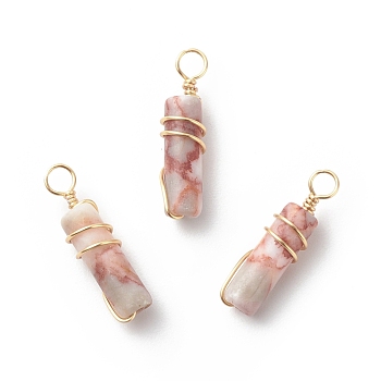 Natural Red Netstone Pendants, with Golden Tone Copper Wire Wrapped, Column Charm, 18.5~20x5~5.5mm, Hole: 2.5mm