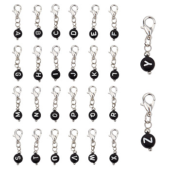 PandaHall Elite 2 Sets Acrylic Pendants Decoration, with Zinc Alloy Lobster Claw Clasps and Iron Findings, Flat Round with Alphabet, Black, 28mm, 26pcs/set