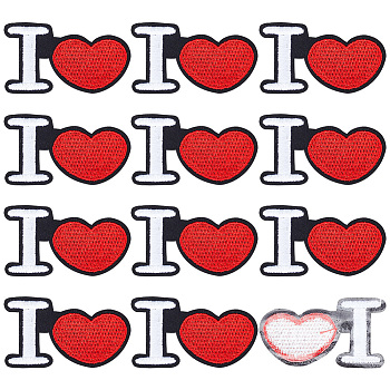 12Pcs Heart with Letter I Pattern Polyester Embroidery Iron on Applique Patch, Sewing Craft Decoration, Red, 35x62x1mm