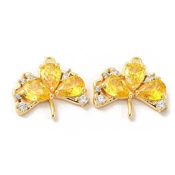 Real 18K Gold Plated Ginkgo Biloba Brass Micro Pave Cubic Zirconia Pendants, Leaf Charms, Gold, 16x18x3.5mm, Hole: 1.4mm, Pin: 0.9mm