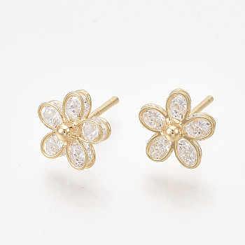 Brass Earring Studs, with Cubic Zirconia, Flower, Real 18K Gold Plated, 9x9mm, Pin: 0.8mm