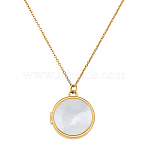 1Pc Stainless Steel Pave Natural White Shell Locket Pendant Necklaces for Women, Golden, Flat Round, 17.56 inch(44.6cm)(NJEW-HS0001-12B)