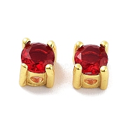 Real 18K Gold Plated 925 Sterling Silver Bead, with Cubic Zirconia, Flat Round, with S925 Stamp, Dark Red, 4x4x4mm, Hole: 1.2mm(STER-H111-05G-02)